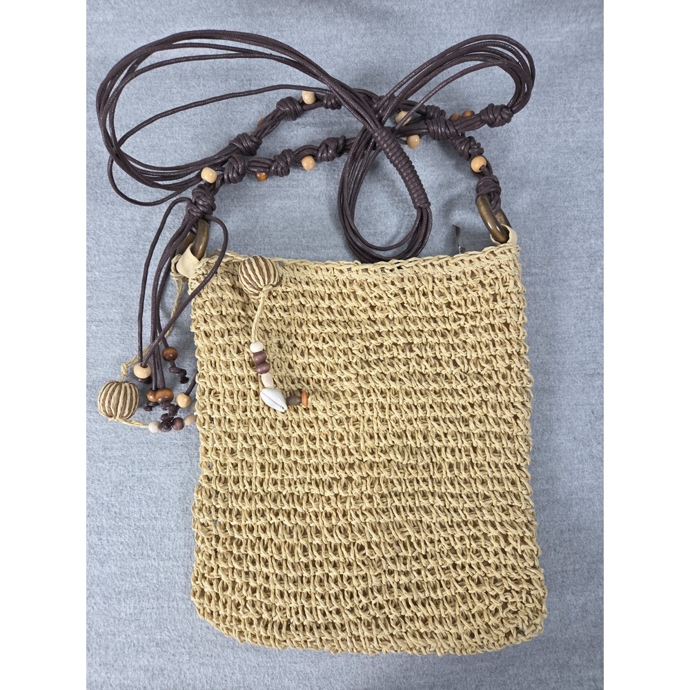 Straw Crossbody Shoulder Purse Beaded Strap Beach Cruise Club Boho Tropical